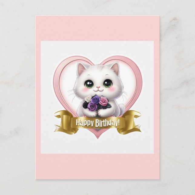 Cute White Cat Grattis på födelsedagen Helg Vykort (Framsida)