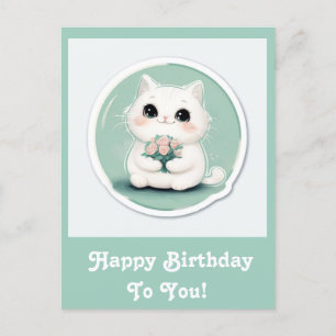 Cute White Cat Grattis på födelsedagen Personlig Helg Vykort