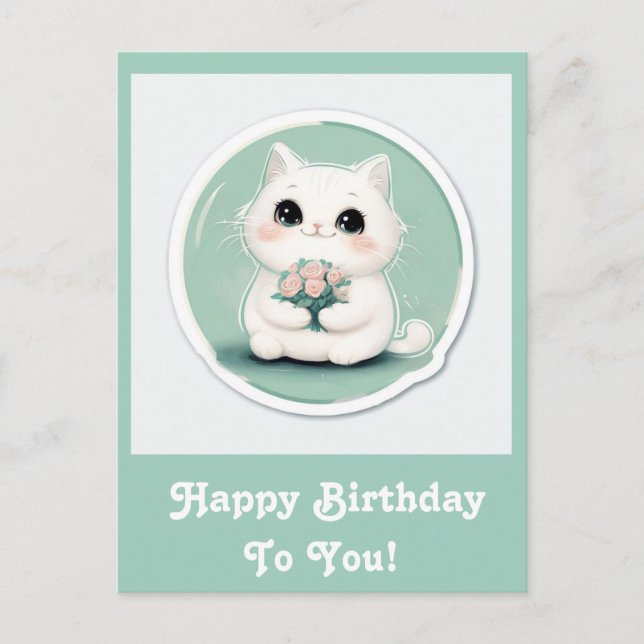 Cute White Cat Grattis på födelsedagen Personlig Helg Vykort (Framsida)