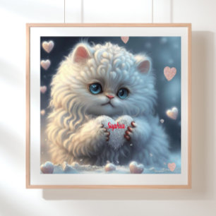 Cute White Cat Holding Hjärtat personlig konst Poster