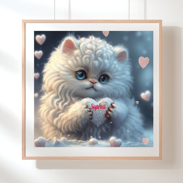 Cute White Cat Holding Hjärtat personlig konst Poster (Skapare uppladdad)