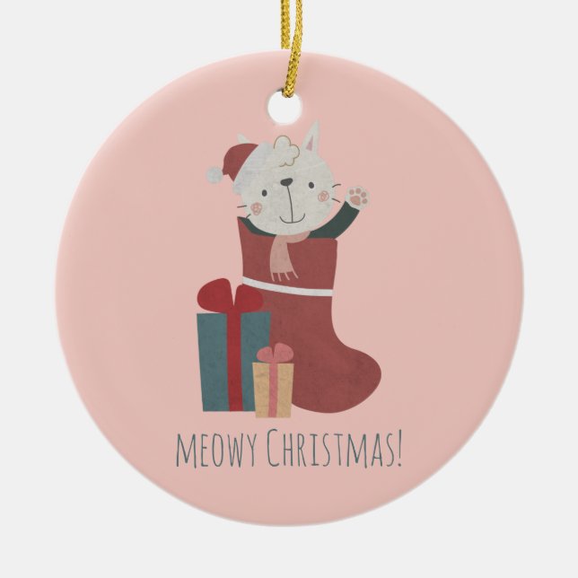 Cute White Cat i julklapp Julgransprydnad Keramik (Framsidan)