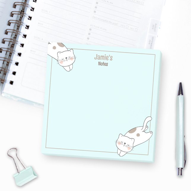 Cute White Cat Kitten Kattunge Blue Namn Post-it Block (Cute White Cat Kitten Kitty Blue Name Post-it Notes)