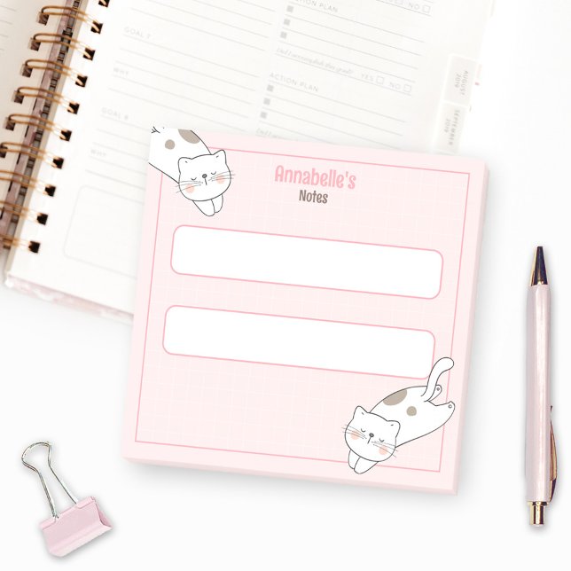 Cute White Cat Kitten Kattunge Graph Rosa Girly Na Post-it Block (Cute White Cat Kitten Kitty Graph Pink Girly Name Post-it Notes)