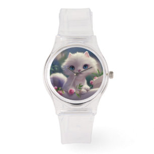 CUTE WHITE CAT KITTEN ROSA WRIST WATCH ARMBANDSUR