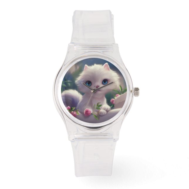 CUTE WHITE CAT KITTEN ROSA WRIST WATCH ARMBANDSUR (Framsida)