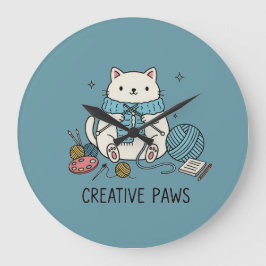 Cute White Cat Knitting Happy Hobbyist Room Decor  Stor Klocka