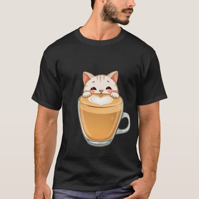 Cute White Cat Latte Art Coffee Heart  ✨🐾☕ T Shirt (Framsida)