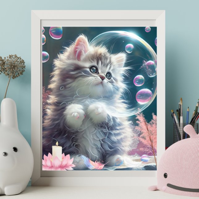 Cute White Cat leka med Bubbles Art Nursery Poster (Skapare uppladdad)