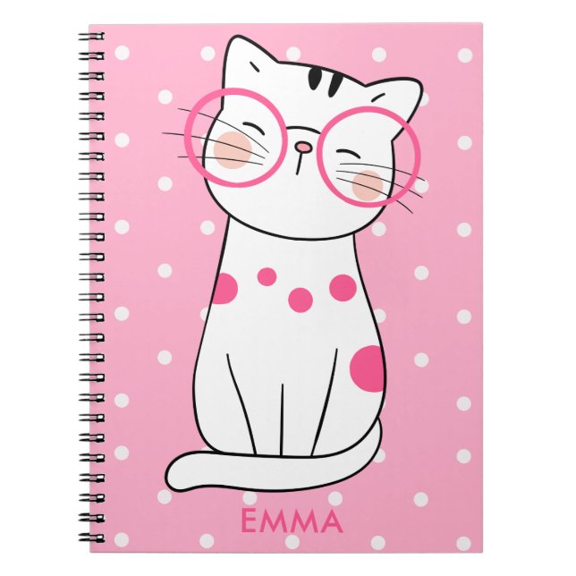Cute white Cat med Eyeglasses & Polka Dot Mönster Anteckningsbok (Framsidan)