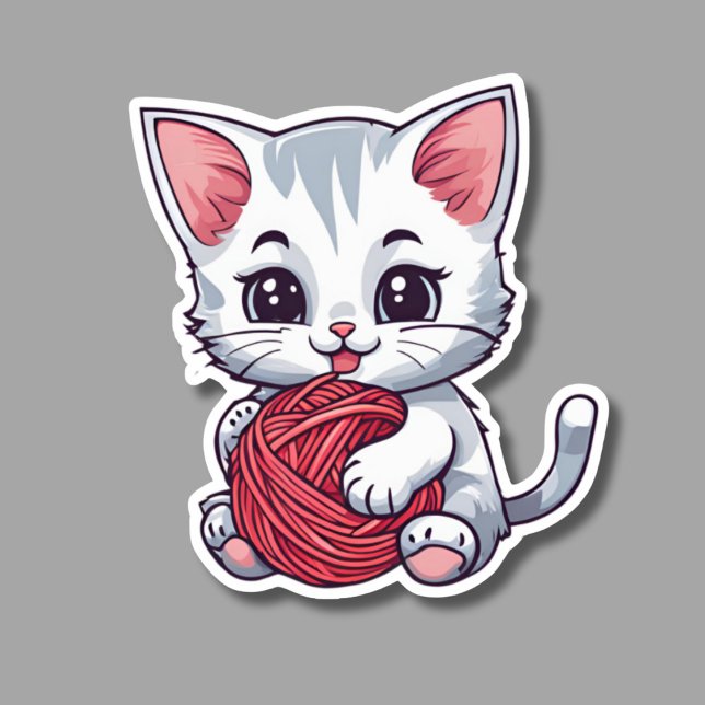 Cute White Cat med garnskydd Klistermärken (Skapare uppladdad)