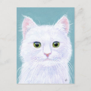 Cute White Cat med grönt ögon vykort