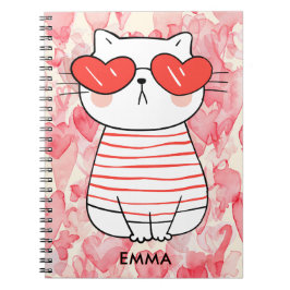 Cute white Cat med Hearts Eyeglasses Monogram Anteckningsbok