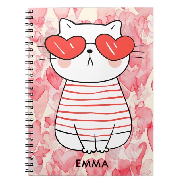 Cute white Cat med Hearts Eyeglasses Monogram Anteckningsbok (Framsidan)