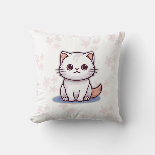 Cute White Cat Pillow – Pink Floral Design Kudde (Framsida)