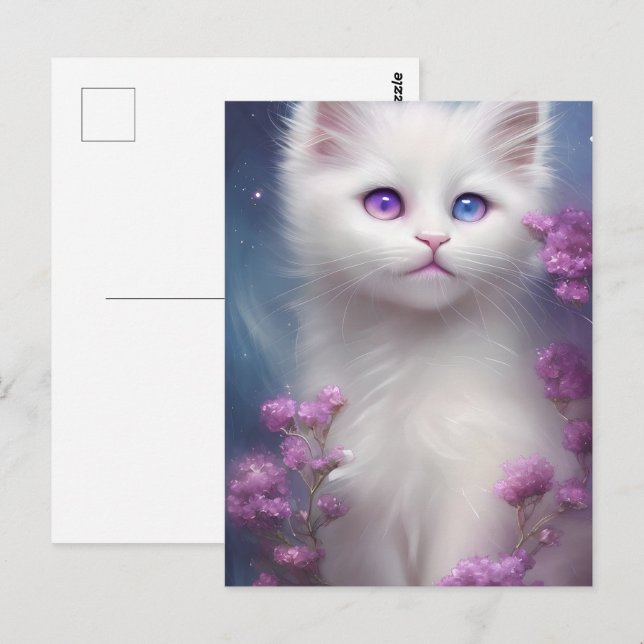 Cute White Cat Porträtt Vykort (Fram/baksida)