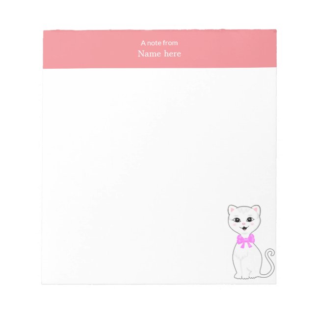 Cute White Cat & Rosa Header - enkelt Anteckningsblock (Framsida)