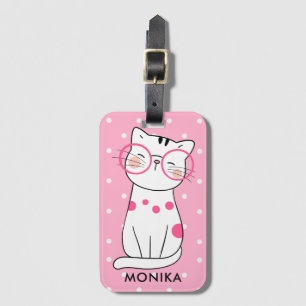 Cute white Cat Rosa Polka Dot Mönster Monogram Bagagebricka
