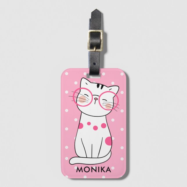 Cute white Cat Rosa Polka Dot Mönster Monogram Bagagebricka (Framsida vertikal)