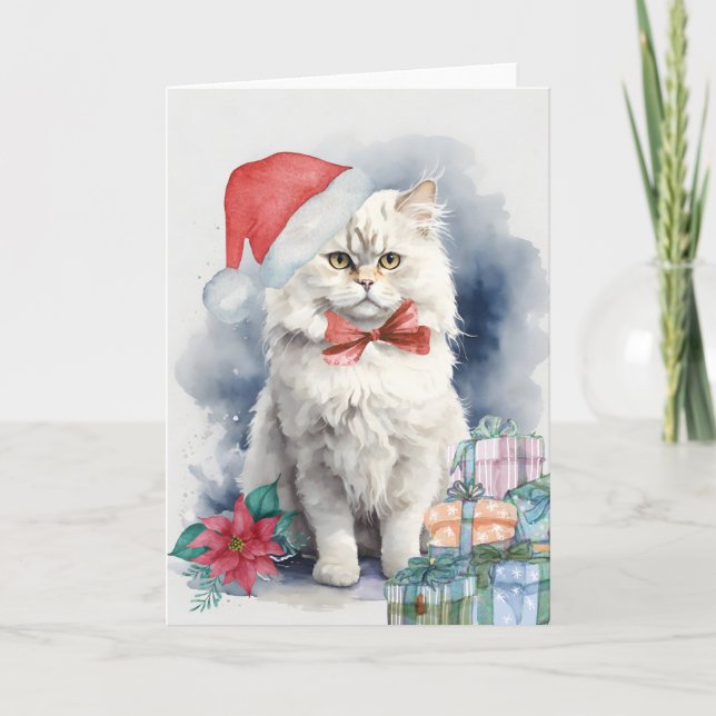 Cute White Cat Santa Hat presenterar tom jul Kort (Framsida)