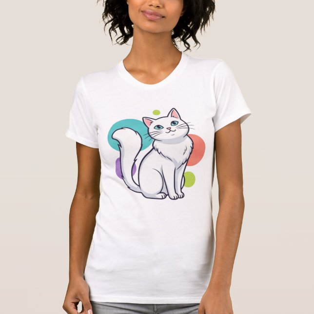 Cute White Cat Sitting Graphic Tee (Framsida)