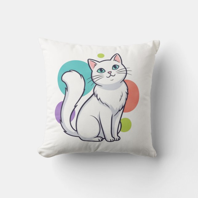 Cute White Cat Sitting Graphic Tee Kudde (Framsida)