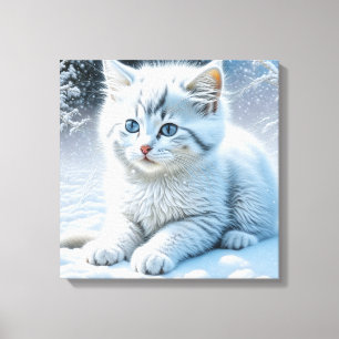 Cute White Cat som spelar i Snö Canvastryck