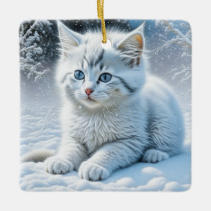 Cute White Cat som spelar i Snö-julen Julgransprydnad Keramik