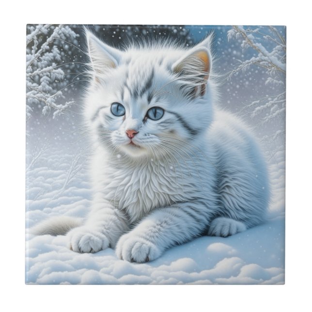 Cute White Cat som spelar i Snö Kakelplatta (Framsidan)