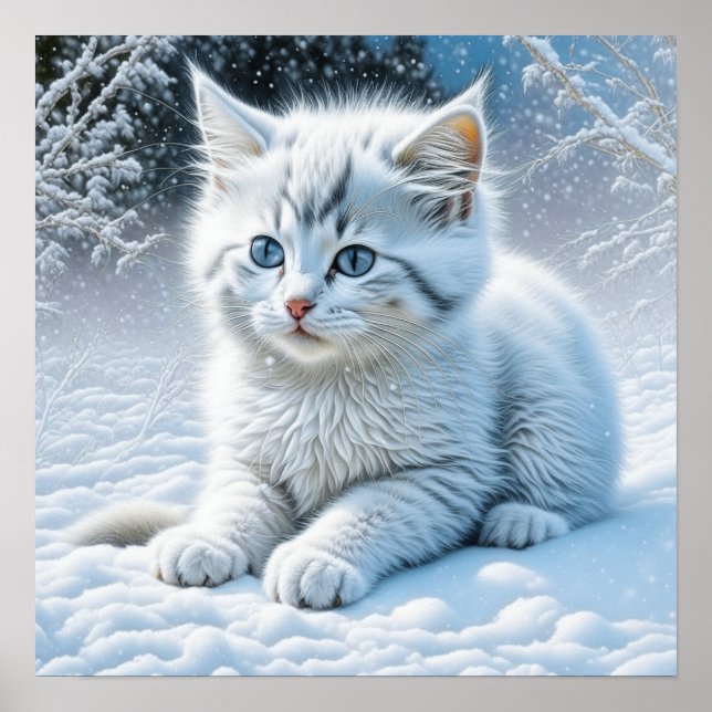 Cute White Cat som spelar i Snö Poster (Framsidan)