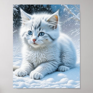 Cute White Cat som spelar i Snö Poster