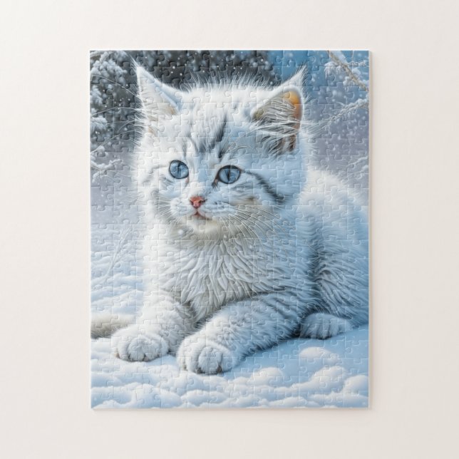 Cute White Cat som spelar i Snö Pussel (Vertikal)