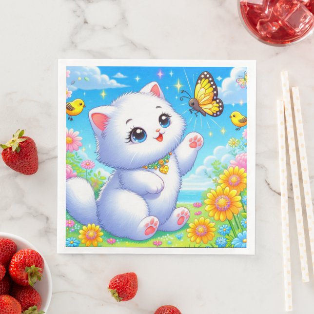 Cute White Cat Spelar Pappersservett (Insitu)