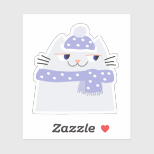 Cute White Cat-Tecknad med vinter Cap och Scarf Klistermärken