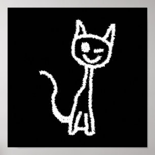 Cute White Cat Tecknad. På Black. Poster