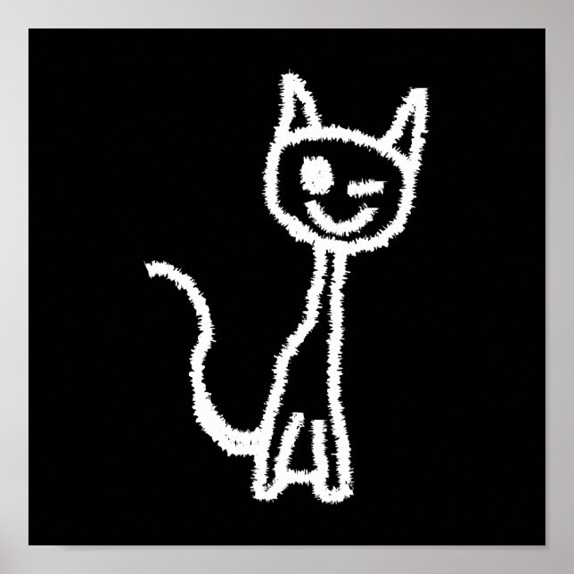 Cute White Cat Tecknad. På Black. Poster (Framsidan)