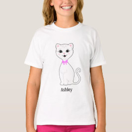 Cute White Cat-Tecknad T Shirt