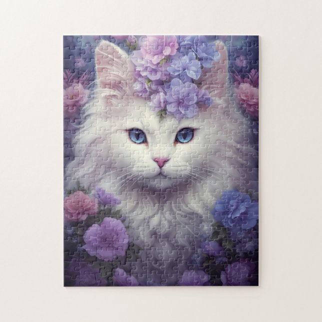 Cute White Cat with Flowers, Fantasy Art Pussel (Vertikal)