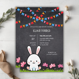 Cute White Chalkboard Bunny Baby Shower Inbjudningar