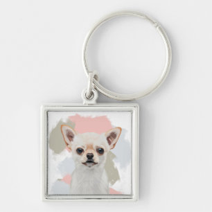 Cute White Chihuahua Hund Fyrkantig Silverfärgad Nyckelring