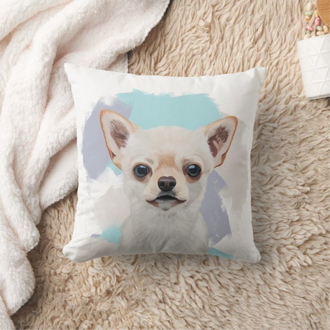 Cute White Chihuahua med Abstrakt Blue Background Kudde (Filt)