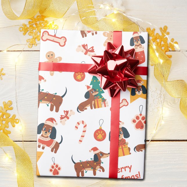 Cute White Christmas Dachshund Merry Woofmas Presentpapper (Cute festive Dachshund wrapping paper in white, perfect for Dachshund dog lovers and the pups too!)