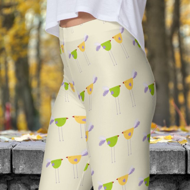 Cute White Cornsilk Two Little Birds Mönster Leggings (Two Little Birds on Cornsilk)