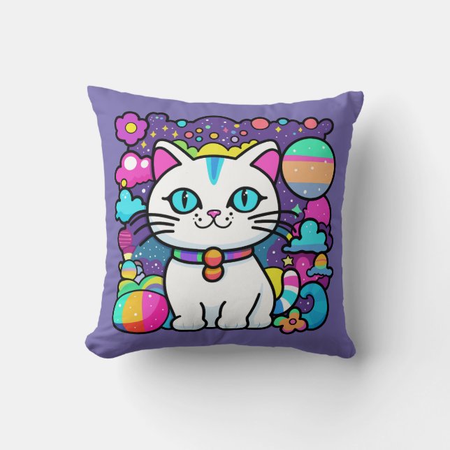 Cute White Cosmic Space Kattunge Kudde (Framsida)