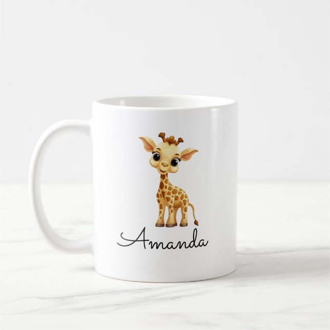 Cute White Custom Name Kids Giraffe Kaffemugg (Vänster)