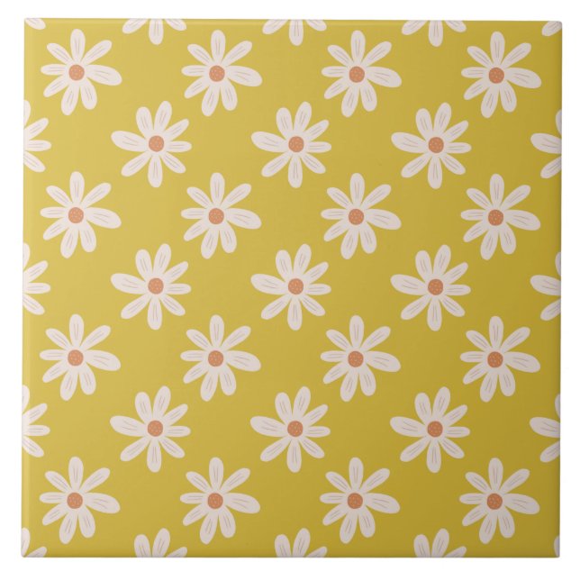Cute White Daisy Flower Mustard Kakelplatta (Framsidan)