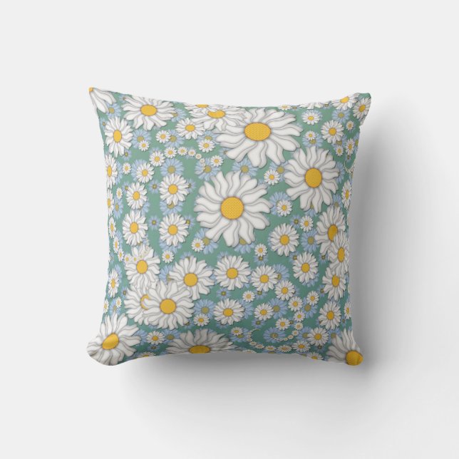 Cute White-Daisy på Dusty Teal Blue-Grönt Kudde (Framsida)