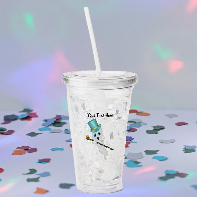 Cute White Finare Ghost Blue Top hat Skull Käpp Take Away Mugg (Funny ghost blue eyes and top hat with black cane with gold skull on top on Halloween acrylic tumber)