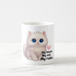 Cute White Fluffy Cat Mugg - "Mitt hus. Min katt.