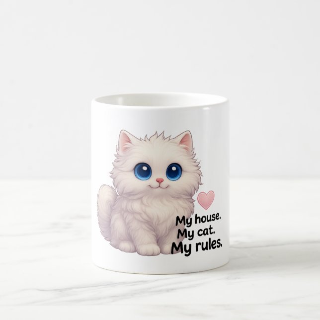 Cute White Fluffy Cat Mugg - "Mitt hus. Min katt.  (Center)